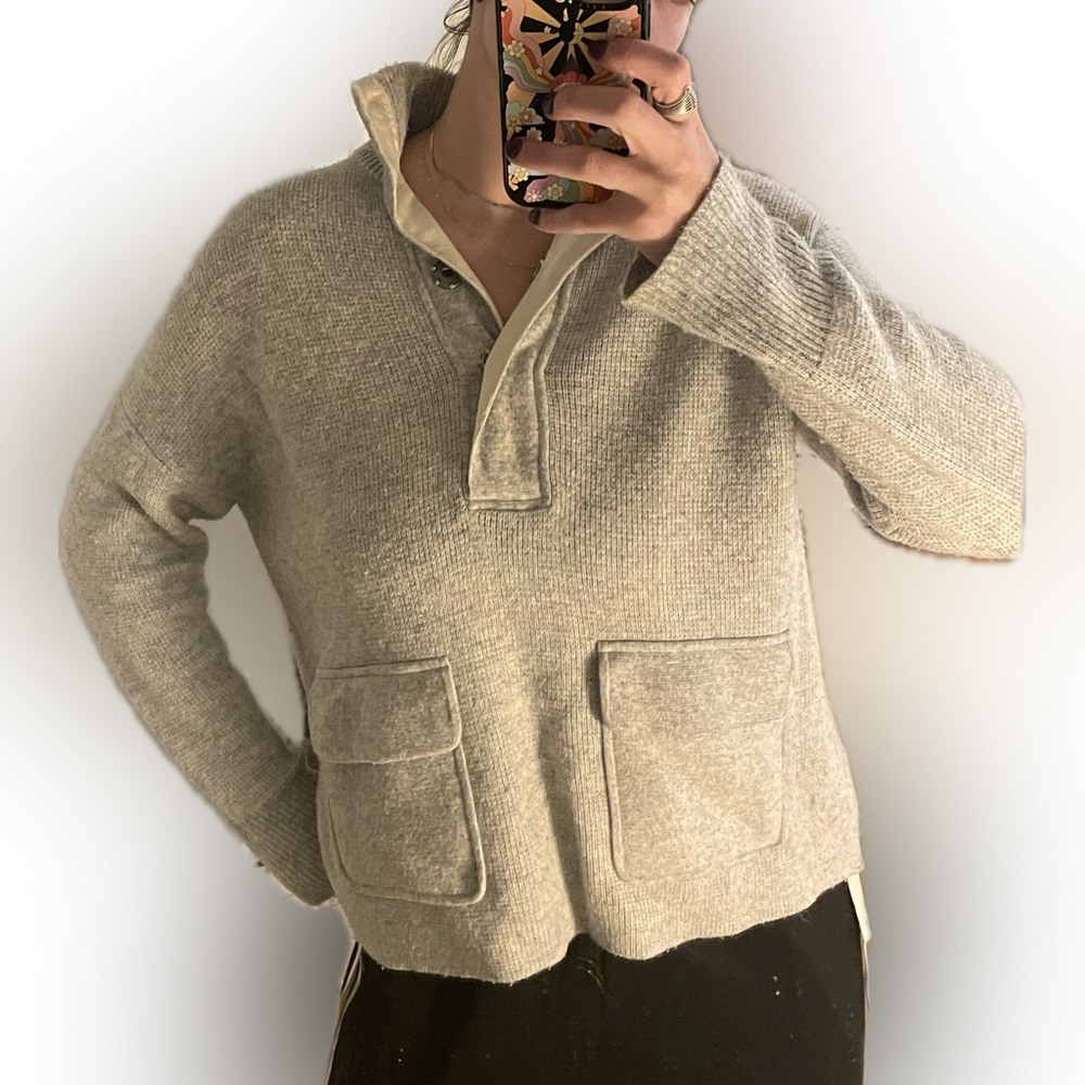 J. Crew grey wool sweater with snap button mock neck